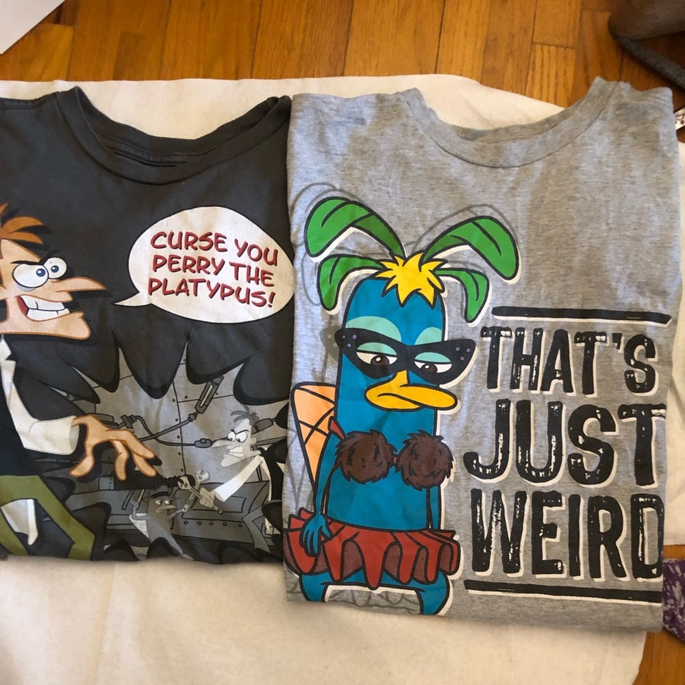 2 Disney graphic tees ( Phineas and Ferb) size L